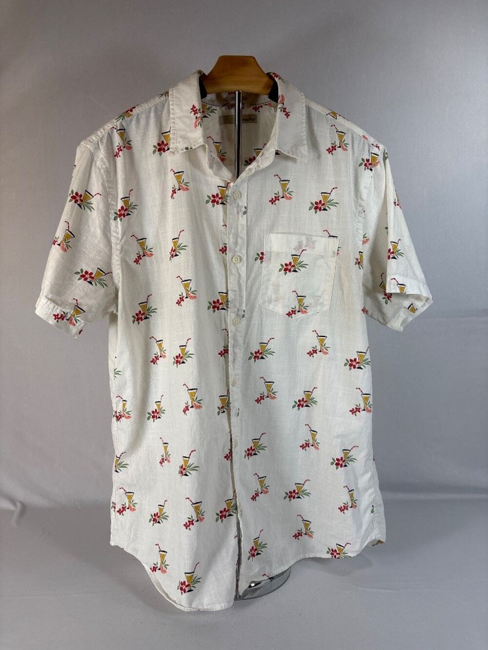 Hawker Rye Regular Fit White Tropical Cocktail Print Short Sleeve Shirt M